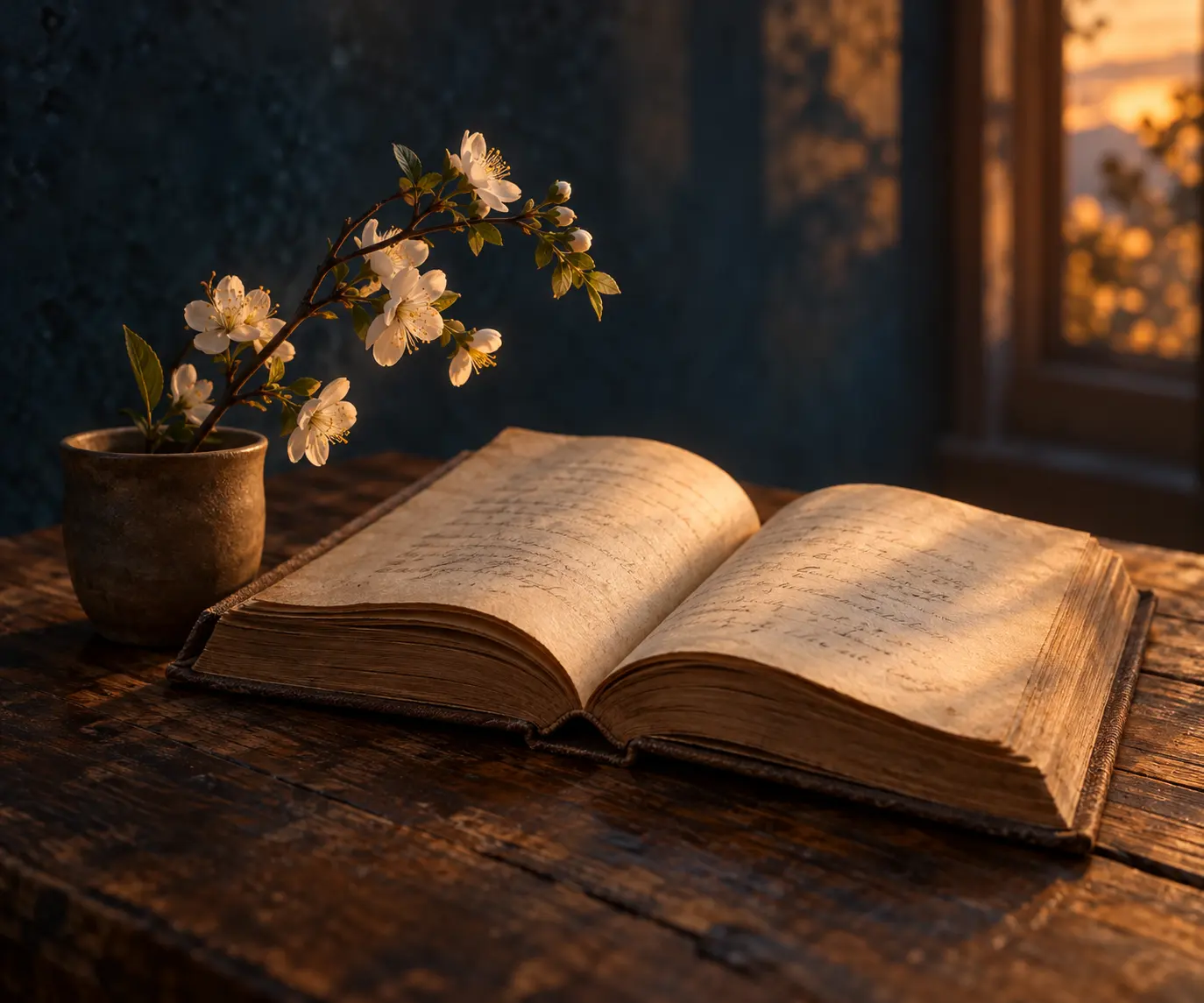 Ahşap masada açık bir kitap ve çiçekli bir dal